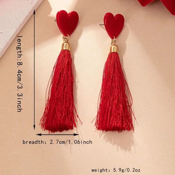 NEW Red Heart Studs with Long Red Tassels Earrings – BOHO Tassel Jewelry - Picture 4 of 4